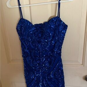 B Darlin Blue Sequin Bodycon Dress Sweetheart Neckline